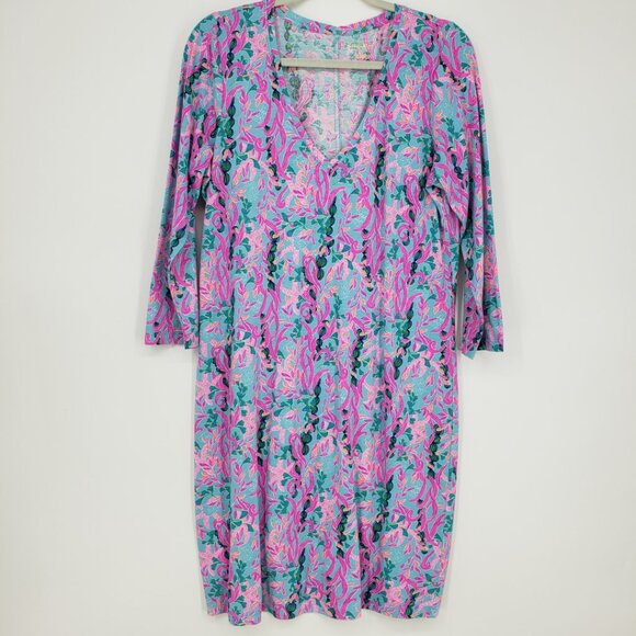 Lilly Pulitzer Tessa Shift T Shirt Dress L Seaweed Samba Cotton V Neck Pink Blue - Picture 1 of 11